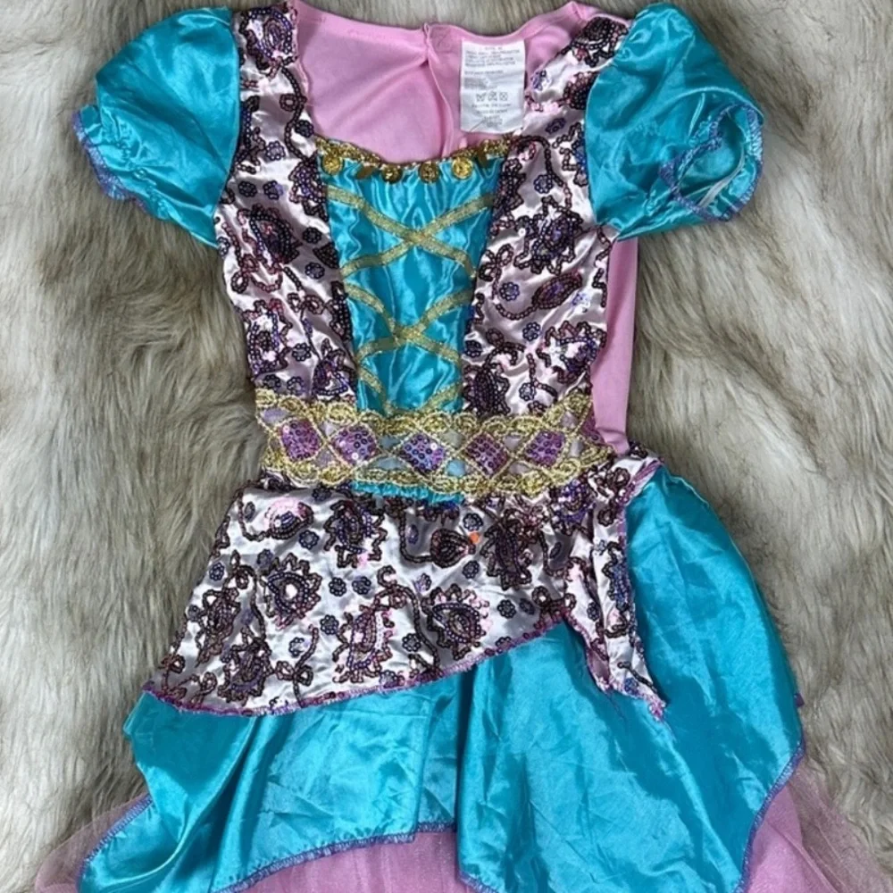 Girls Fairy Halloween Costume Dress Gold Coin Teal Pink Size M